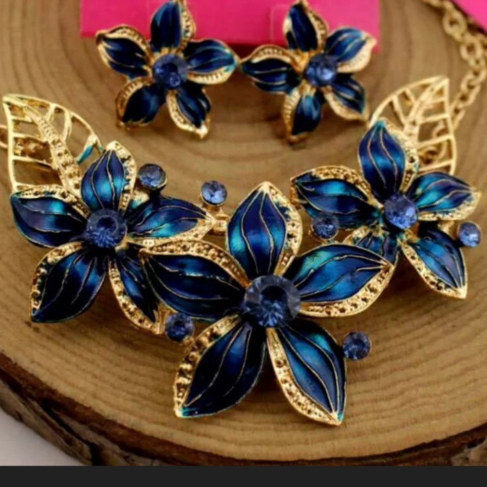 Blue Enamel Camellia Flower necklace/earring set